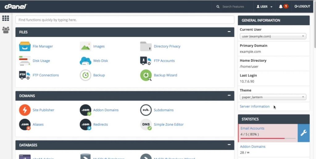 cPanel Interface with File Management and General Information