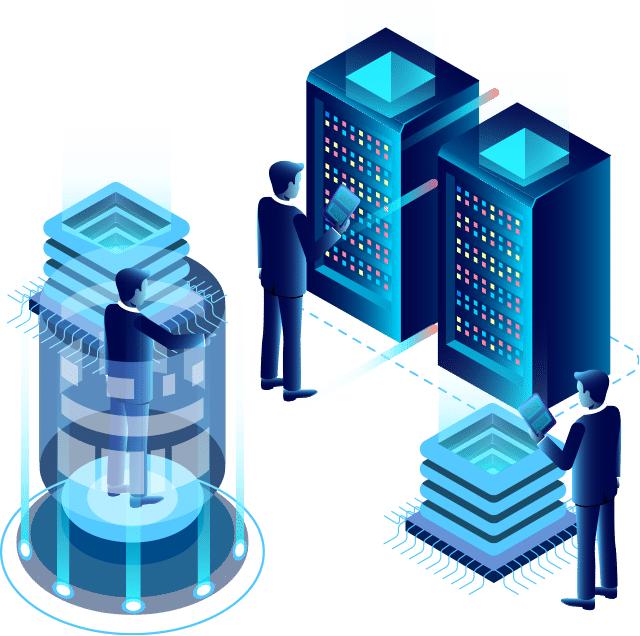 Futuristic data management with IT professionals monitoring high-tech servers.