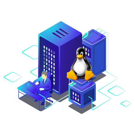 Illustration of a Linux server with a penguin icon, showing a professional working with virtual servers.