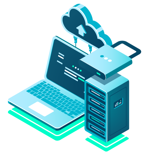 Illustration of a laptop, cloud storage, and server rack