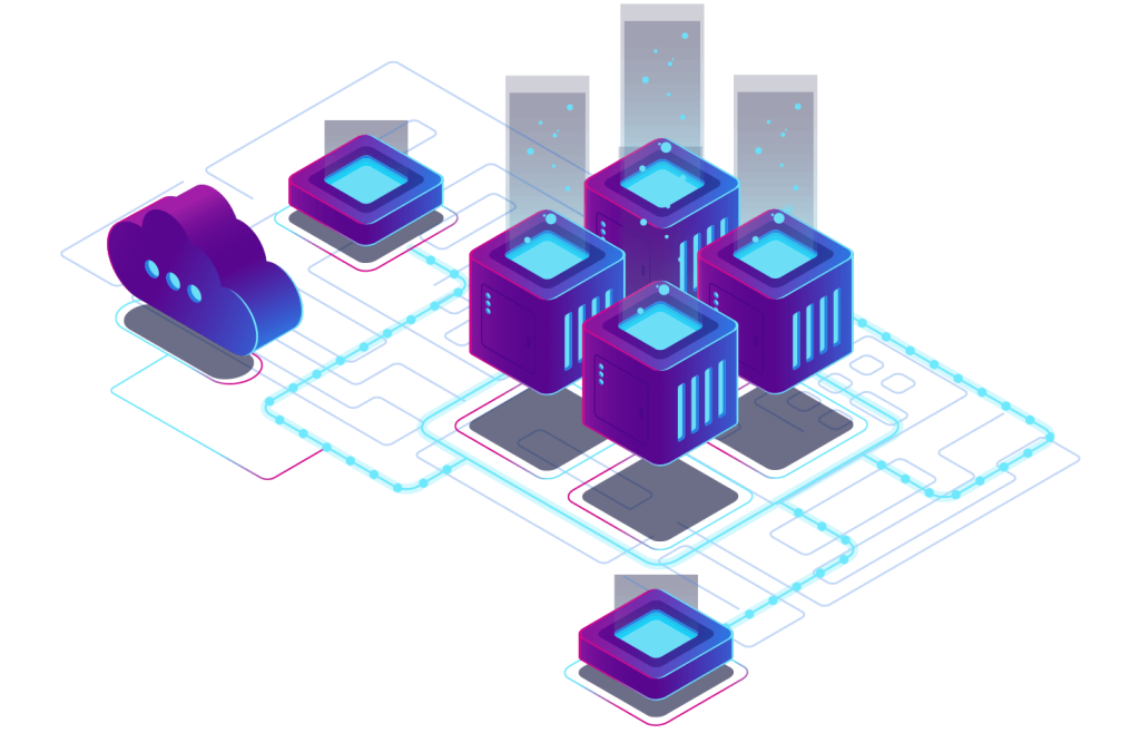Futuristic cloud computing and server network with interconnected data nodes