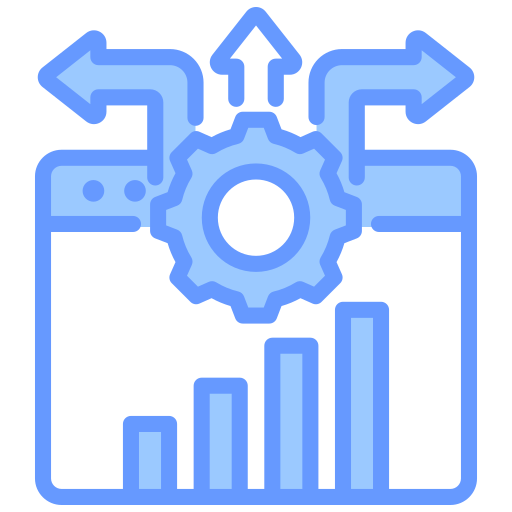 A stylized illustration showing a gear icon in the center with upward and side arrows, alongside a bar graph, representing optimization and decision-making.
