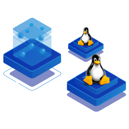 Illustration of Linux VPS hosting with penguin icons on blue server blocks.