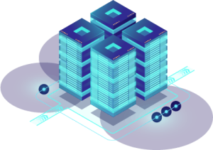 Futuristic data center with interconnected high-rise server stacks in a digital network