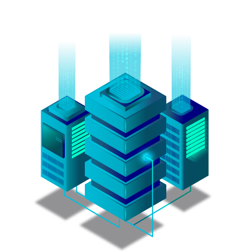 Illustration of stacked servers with data flowing in the form of binary code.