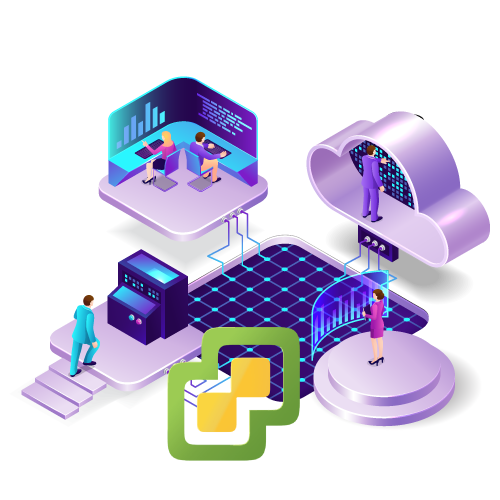 Illustration of cloud computing, data analysis, and virtualization with people and technology elements