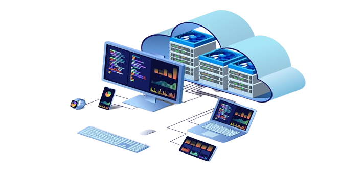 A digital illustration showing multiple devices connected to a cloud server, with data analysis charts.