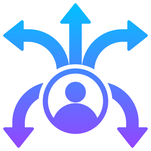 An icon showing a person surrounded by arrows pointing in multiple directions, symbolizing choices or options.