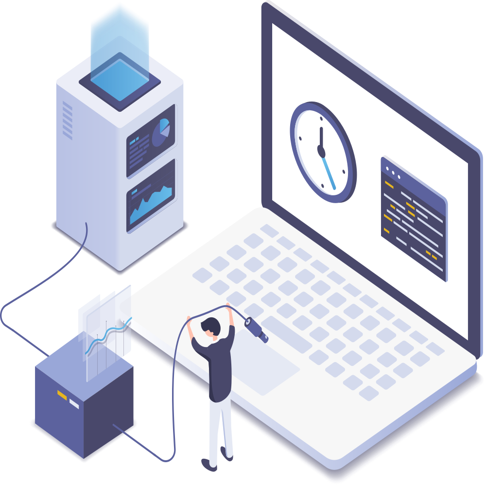 Isometric illustration of a person connecting a cable to a large laptop, with a data server, analytics, and system monitoring interface.