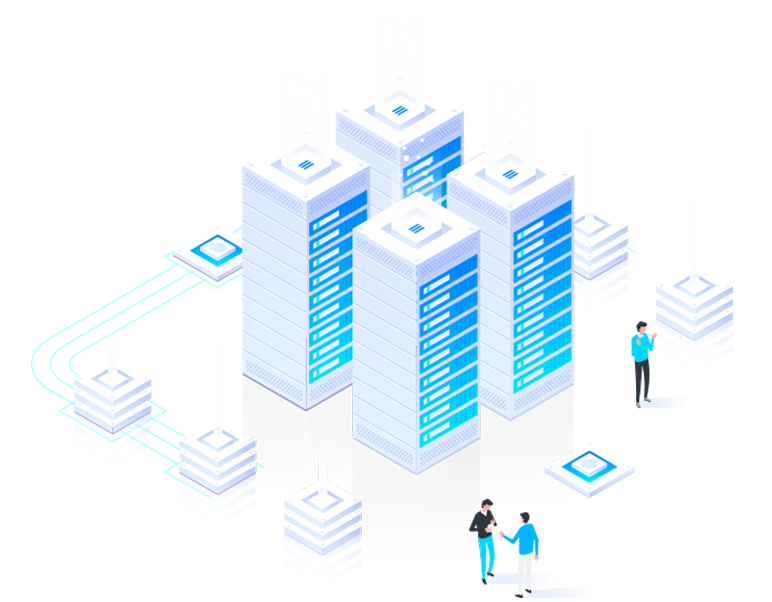 Futuristic data center illustration with interconnected servers and business professionals.
