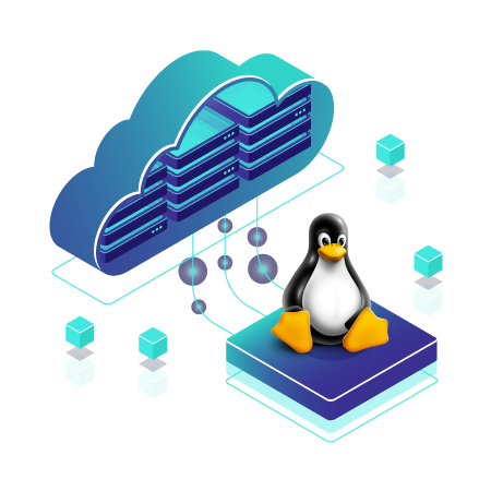 Illustration of Linux cloud hosting with a penguin icon on a virtual server.