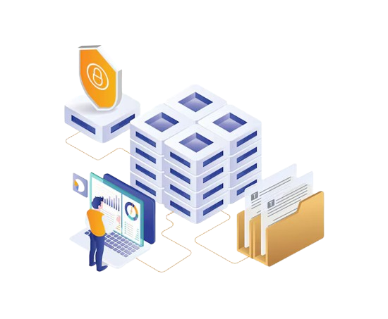 A digital illustration showing secure server storage, folders, and data analysis on a computer screen