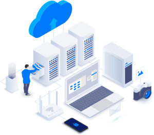 Cloud computing and data storage concept with servers, a laptop, and a professional managing files