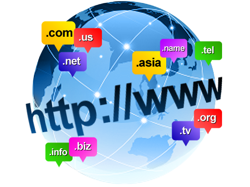 A digital illustration of a globe with various domain extensions such as .com, .net, .org, .info, .biz, .asia, and .us, symbolizing global domain registration.