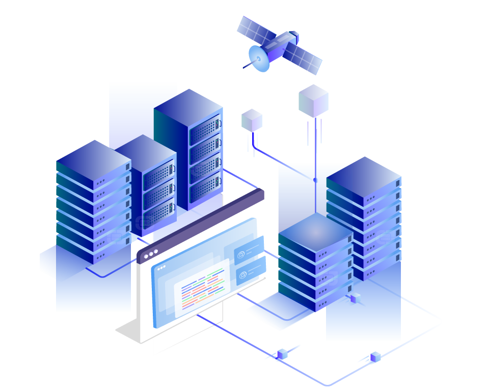 Isometric illustration of a futuristic cloud data center with SSD-powered VPS hosting and an interactive control panel.