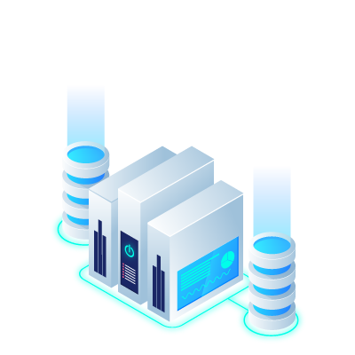 Illustration of modern server infrastructure with data storage units and monitoring displays.