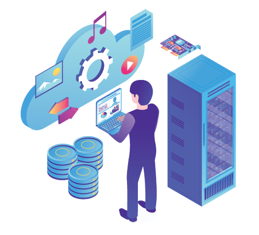 An illustration of a person managing cloud storage and server infrastructure, featuring data storage, files, and media.