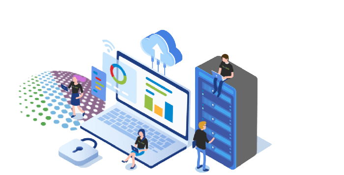 Illustration of a digital workspace with a laptop, cloud, and server infrastructure