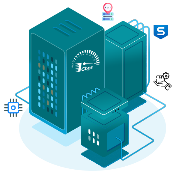 Illustration of a server setup with a 1Gbps internet speed indicator, featuring multiple servers and a network connection