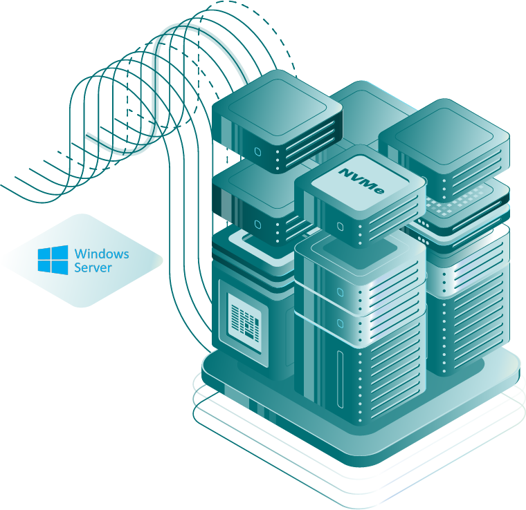Illustration of stacked servers with NVMe and Windows Server logo