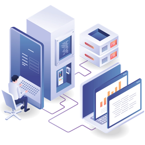 An individual managing server configurations from a laptop, with servers and system data visualized.