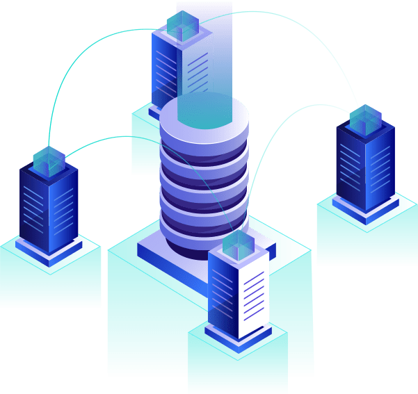 Illustration of connected data centers and servers in a network, with data flowing between them.