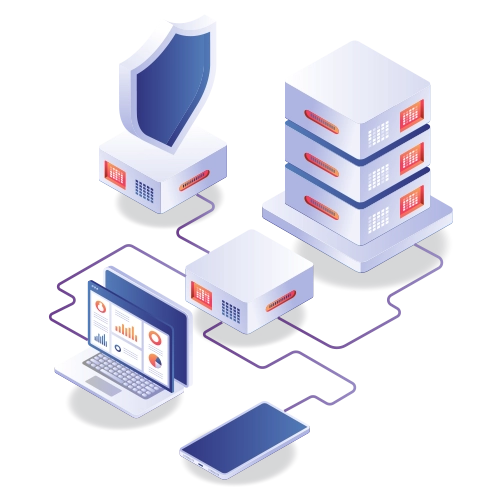 Illustration of secured servers connected to a laptop and smartphone with a shield for protection.